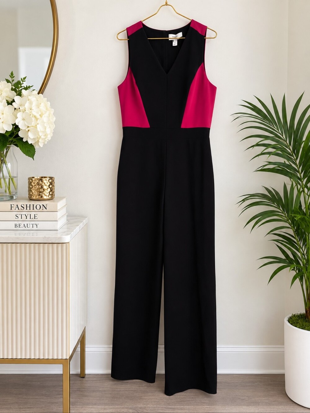 Badgley Mischka Black & Fuchsia Sleeveless V-Neck Jumpsuit